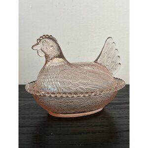 Rare VTG Indiana Glass Pale Pink Peach Glass Hen on Nest Candy Dish Granny-Core